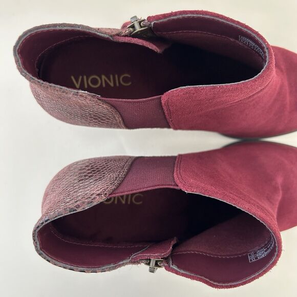 Vionic Anne Boots Burgundy Red Suede Python Block Heel Boots Womens 9.5 Booties - Picture 7 of 10